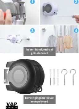 V&P Products® Waslijn uittrekbaar grijs/zwart - Waslijndraad - 2x 15 meter - Wasdraad - Uittrekbare Waslijn - Roldrooglijn voor buiten en binnen - automatische waslijn - wand droogrek — thumbnail 3