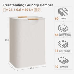 Grote wasmand - opvouwbare wasmand - met bamboe handgrepen - vrijstaande waterdichte wasmand - voor wasruimte, slaapkamer, studentenkamer - handdoeken, speelgoed - 80 liter (21,1 gallon) - beige — thumbnail 2