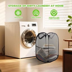 3x Opvouwbare wasmand 36x36x58 cm – Pop-up wasmand zwart – Draagbare wasgoed mand van netstof voor badkamer en camping — thumbnail 5