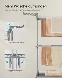 Wasdroger – 4-laags – Op wielen – Inklapbaar – Duifgrijs – Voor binnen- en buitengebruik – 63,5 x 128 x 173 cm — thumbnail 5