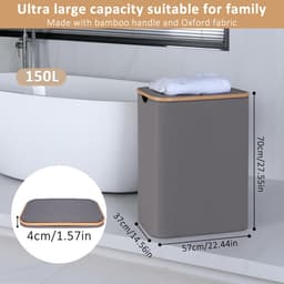 Wasmand - 150L Extra Groot met 2 Vakken, Bamboe Handvat en Deksel - Voor Wasruimte, Slaapkamer en Badkamer - Grijs — thumbnail 2