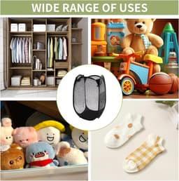 Opvouwbare wasmand in 3-pack - Opbergmand voor kleding - 2 zwarte, 1 grijze mesh - 36x36x58cm pop-up met handvat - Opbergmand voor vuile was voor badkamer, kamperen, reizen - Draagbaar en ruimtebesparend - met zijvakken — thumbnail 5