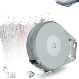 Waslijndraad - 15 meter - Waslijn - Uittrekbare Waslijn - Roldrooglijn - Drooglijn Oprolbaar - Wasrek - wanddroogrek - droogrek - voor kamperen - om doorzakken te voorkomen - voor het drogen van kleding binnen en buiten - grijs — thumbnail 1