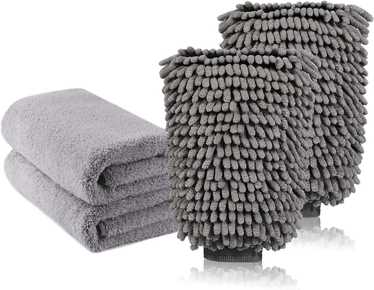 Grote autowashandschoen en microvezel-reinigingsdoek, Deluxe koraal chenille-handschoenpoetsdoeken, perfect voor keuken, autowassen en verf, 2 x doeken + 2 x handschoenen) — afbeelding 1
