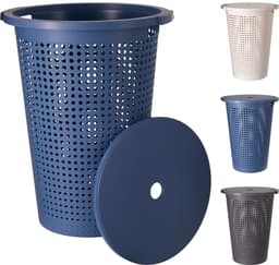 Storage Solutions Wasmand met deksel - wit - 35 liter - 40 x 52 cm - kunststof - rond - wasbox - mand voor wasgoed — thumbnail 4