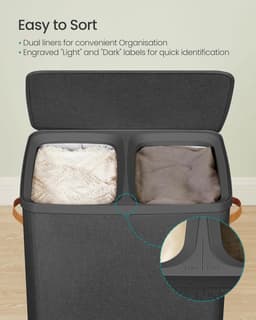 Conway Living® XXL Wasmand met Deksel en 2 Vakken - 170 Liter Sorteerwasmand met Labels - Uitneembare Waszakken - Inklapbaar - 56x40x75 cm - Zwart — thumbnail 5