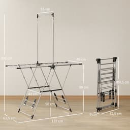 Opvouwbaar verticaal droogrek - Verstelbare vleugels - 4 schoenenhouders - Inclusief stang en plank - Afmetingen 139x62,5x201 cm - Zilver — thumbnail 5
