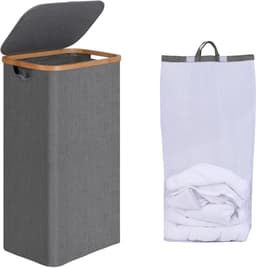efluky Wasmand met deksel, 75 liter, smalle wasmand met wasbare binnenzak, grijze wasmand met bamboehandgrepen, opvouwbare wasmanden voor bijkeuken, slaapkamer, badkamer — thumbnail 2
