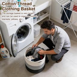 gevlochten, opbergmand met handvatten, wasverzamelaar, handgemaakt, mand voor opbergen van dekens, speelgoed, knuffels, kleding, driekleurig — thumbnail 5