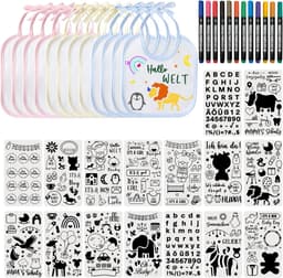 12 stuks slabbetjes voor baby's met 16 tekensjablonen, 12 textielstiften, babyshower, decoratiespel, waterdichte slabbetjes voor baby's, jongens en meisjes, babyborrel — thumbnail 2