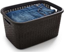 Plasticforte Wasmand - 35 liter - rotan - zwart - kunststof - 53 x 36 x 26 cm - draagmand - met handvatten - lichtgewicht — thumbnail 1