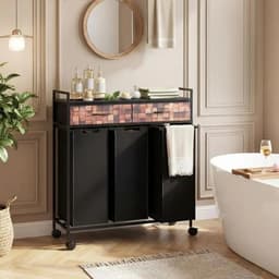 Dailygoods 3-delige wasmand op wielen, 135L wasmand met 2 stoffen laden, 3 uitneembare Oxford-stoffen zakken, rustiek br — thumbnail 2