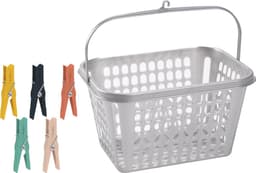 Wasknijper mandje - bakje - zilver - inclusief 52x wasknijpers - kunststof - knijpermandje — thumbnail 1