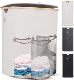 Hennez Wasmand Opbergmand 150L 3 compartimenten met deksel - Waszak Wasbaar - Rechthoekige Bamboe Wasmand met Frame — thumbnail 1