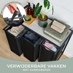 Blumtal Wasmand met 3 vakken - Wasmand met betonlook plank - Metalen frame - Wasmand met poten - Zwart — thumbnail 5