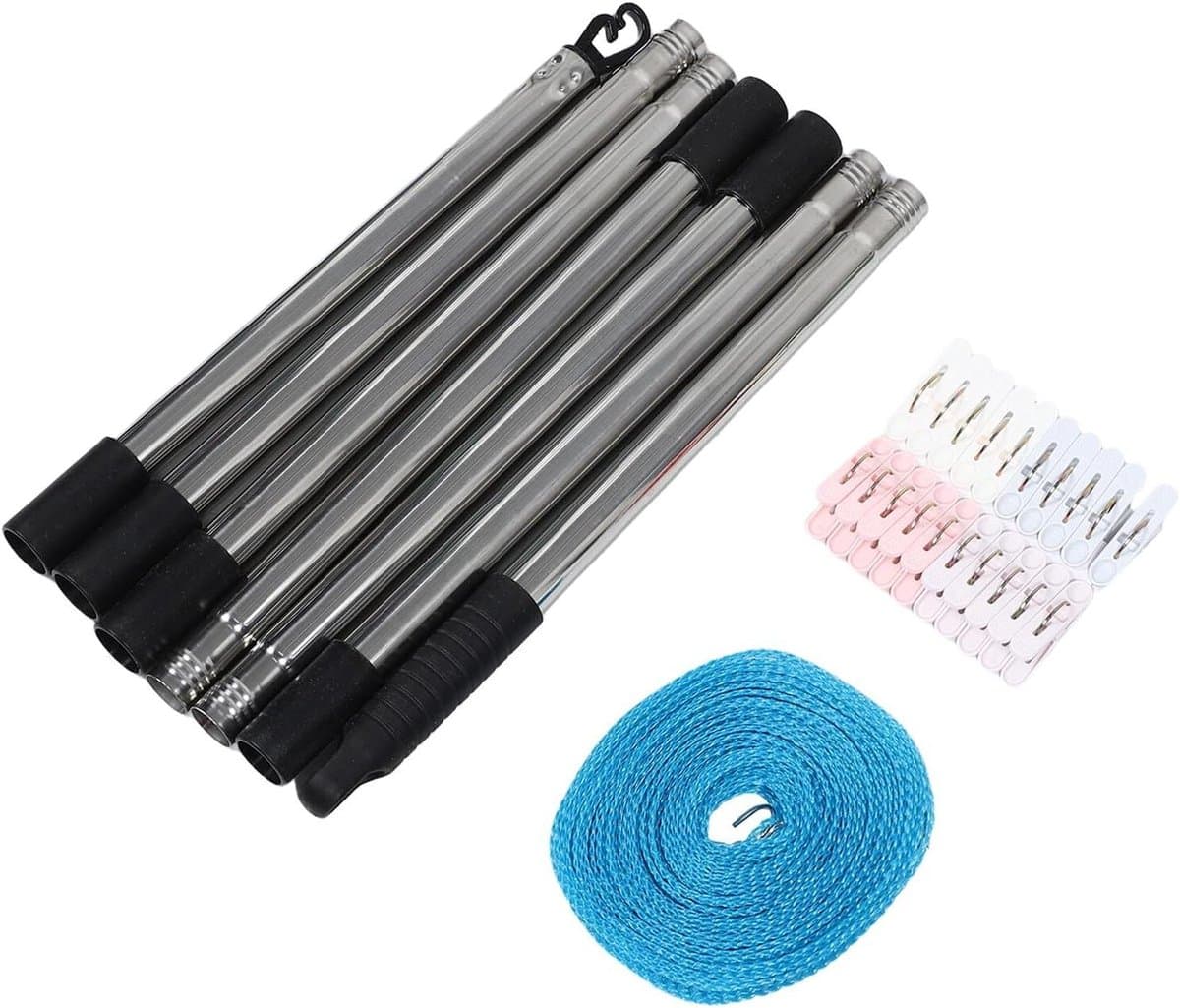 Waslijn Set - Draagbare Droger - Buiten Kleding Drogen - Winddichte Clips - 250 cm - Zilver — afbeelding 1