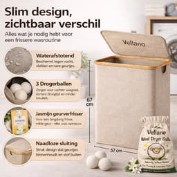 Vellano Wasmand 3 Vakken – Wassorteerder met Deksel – 145L – 3 Uitneembare Waszakken – Bamboe Frame – Incl. Drogerballen & Jasmijn Geurverfrisser — thumbnail 2