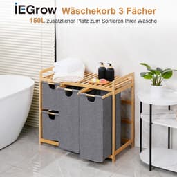 Wasmand 3 compartimenten - Kleding Sorteerder - Was Sorteren - Met Plank Wielen - 3 x 50 Liter - Grijs — thumbnail 3