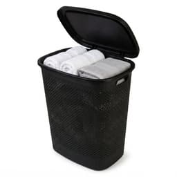 Cheqo® Wasmand met Deksel - Wasbox Zwart - Rotan Look Gevlochten - Opbergmand voor Badkamer en Slaapkamer - met Handvatten en Ventilatie - Waskorf voor Wasruimte - Wasgoedmand met Klapdeksel - Linnenmand - Grote Wasverzamelaar voor Wasgoed — thumbnail 1