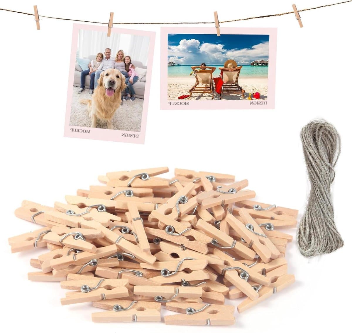 Houten knijpers 120 stuks 2.5 x 0.3 cm met 10 m touw, kleine clips voor foto's, kaarten en feestdecoraties — afbeelding 1