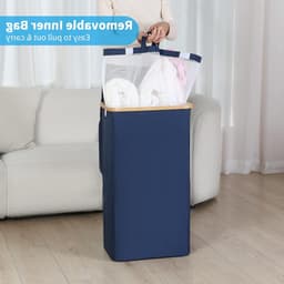 Hoge wasmand met deksel van 100 liter, opvouwbare XXL wasmand met bamboe handvat en binnenvak, ideaal voor slaapkamer en badkamer, blauw — thumbnail 3