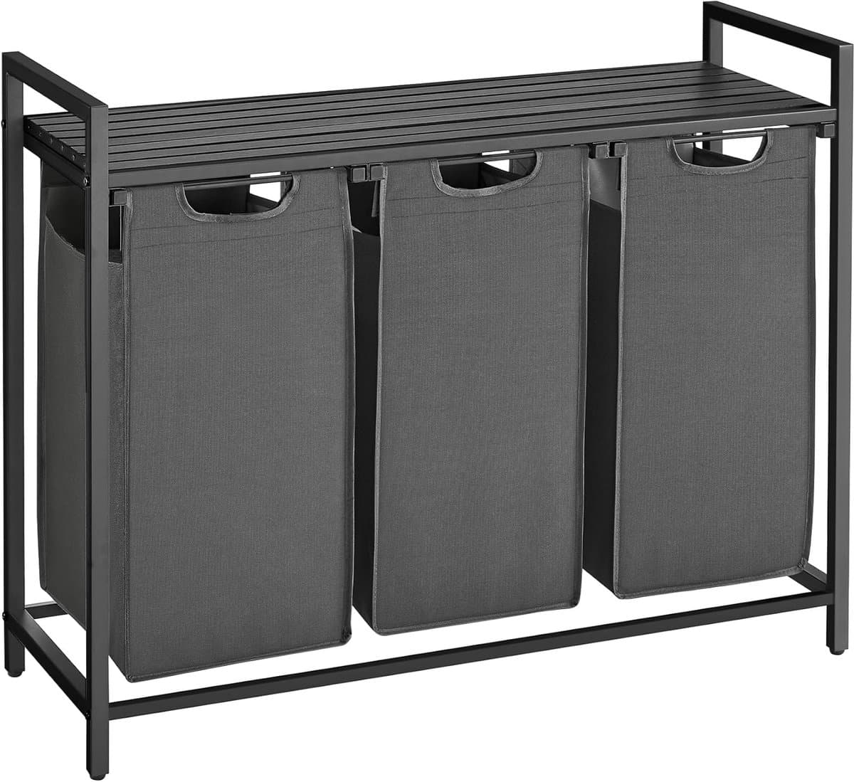 VASAGLE Wasmand 3 vakken, wasverzamelaar met plank, wasbox, waszak van oxford stof uitneembaar, metalen frame, 3 x 38 L, 92,5 x 33 x 72 cm, zwart-grijs — afbeelding 1