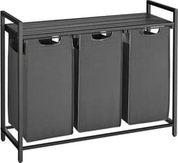 VASAGLE Wasmand 3 vakken, wasverzamelaar met plank, wasbox, waszak van oxford stof uitneembaar, metalen frame, 3 x 38 L, 92,5 x 33 x 72 cm, zwart-grijs — thumbnail 1