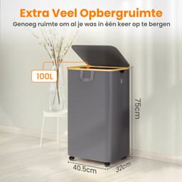 Posity Wasmand op Wielen – 100 Liter – Opvouwbaar – Met Deksel & Handvaten – Wasmand Stof - Bamboe - Laundry Basket - Incl. Waszak - Grijs — thumbnail 4
