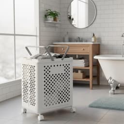 Vouwbare Wasmand met Wielen en Handvat - Stevige, Ventilerende en Sneldrogende Opbergmand voor Badkamer en Slaapkamer — thumbnail 3