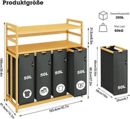 Premium wasmand van 200 liter - Met 4 vakken - Bamboedesign - Stijlvolle wassorteerder - Voor elke ruimte — thumbnail 3