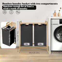 Wasmand met bamboeframe, afneembare en wasbare Oxford-stoffen zak, 2 aparte vakken, wassorteerder voor huishouden, zwart, 73 x 64 x 33,5 cm — thumbnail 5
