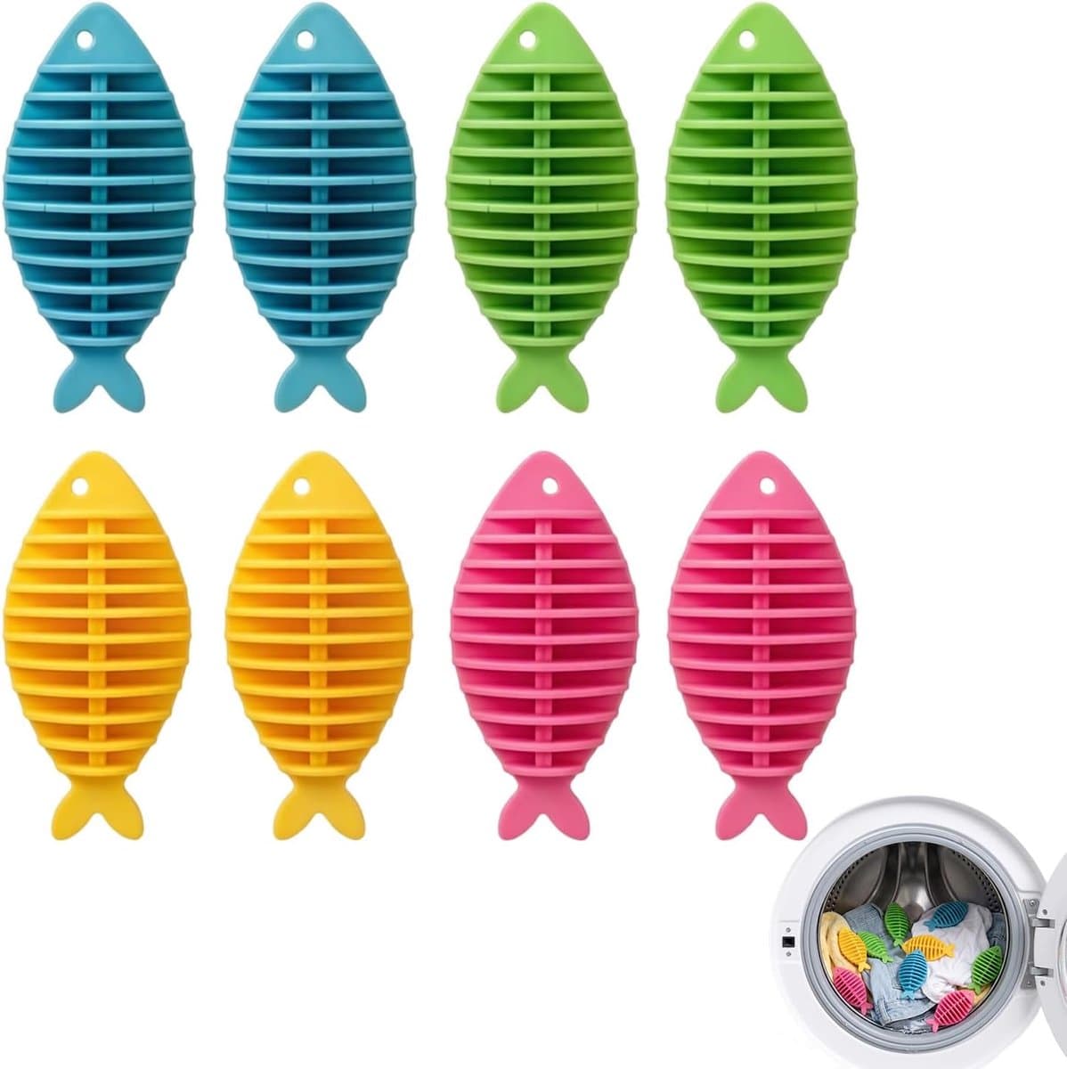 Set van 8 wasballen en wasballen voor wasdroger en wasmachine, 6,3 x 2,7 x 2,6 cm, herbruikbare droogballen voor donsjacks, Dryer Balls tegen dierenharen en pluisjes, blauw/groen/geel/roze — afbeelding 1