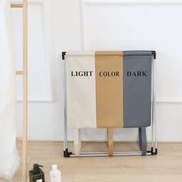 Wassorteerder - 90L - Wasmand 3 Vakken - Opvouwbare Wasmanden - Wassorteerder 3 vaks - Alu Frame - Wit - Bruin - Grijs — thumbnail 3