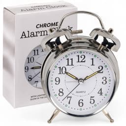 Retro Alarmklok - Analoge Klok - Metaal - Chroom - Ã˜ 10 x 16 cm - Tafelklok met Dubbele Bel - Nachtlamp - Quartz Beweging — thumbnail 1