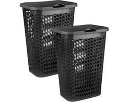 Plasticforte Wasmand Ventilation - 2x - met deksel - zwart - kunststof - 51 liter - 43 x 35 x 61 cm - Badkamer - Wasgoed - Nieuw design - Zeer stevig
