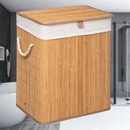 Grote Bamboe Wasmand met deksel - 60 L - Wasmand 1 Vak met stoffen waszak - Opvouwbaar - Wassorteerder - Naturel — thumbnail 3