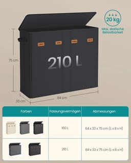 ELYSIVM Wasmand - Wasmand met 4 vakken - Wasmand met deksel - incl. 5 labels - Uitneembare wasbare binnenzak - 210 L - tot 20 kg - 84x33x75cm - Grijs — thumbnail 5