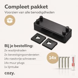 cozy.® Waslijn Uittrekbaar - Waslijndraad met stalen kern - Wasdraad - Wasrek - Roldrooglijn - Droogrek hangend - Ruimtebesparend - 8.4 m (2x 4.2m) Drooglengte - Binnen en Buiten - Incl 20 Stuks Houten Wasknijpers - Zwart — thumbnail 5