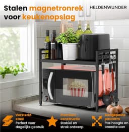Magnetronrek (2 standen) – zwart – hoge stabiliteit met antislip en rubberen voetjes – in hoogte en lengte verstelbaar magnetronrek van 40–64 cm – inclusief gereedschap, handleiding en 8 haken — thumbnail 1