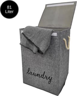 Janse® Wasmand grijs met zwart - Stevige opvouwbare wasmand met deksel - 81 Liter - Met handvatten - Laundry basket - Badkamer organizer - Opbergbak - Ruime wassorteerder — thumbnail 1