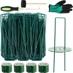 Grondankers en Bufferschijven Set - 100 Stuks, Anti-roest Verzinkt, U-vormige Haringen voor Tuin, Onkruidbarrière - Inclusief Haakopener, Hamer, Wanten - 150 x 35 mm, Groen — thumbnail 1