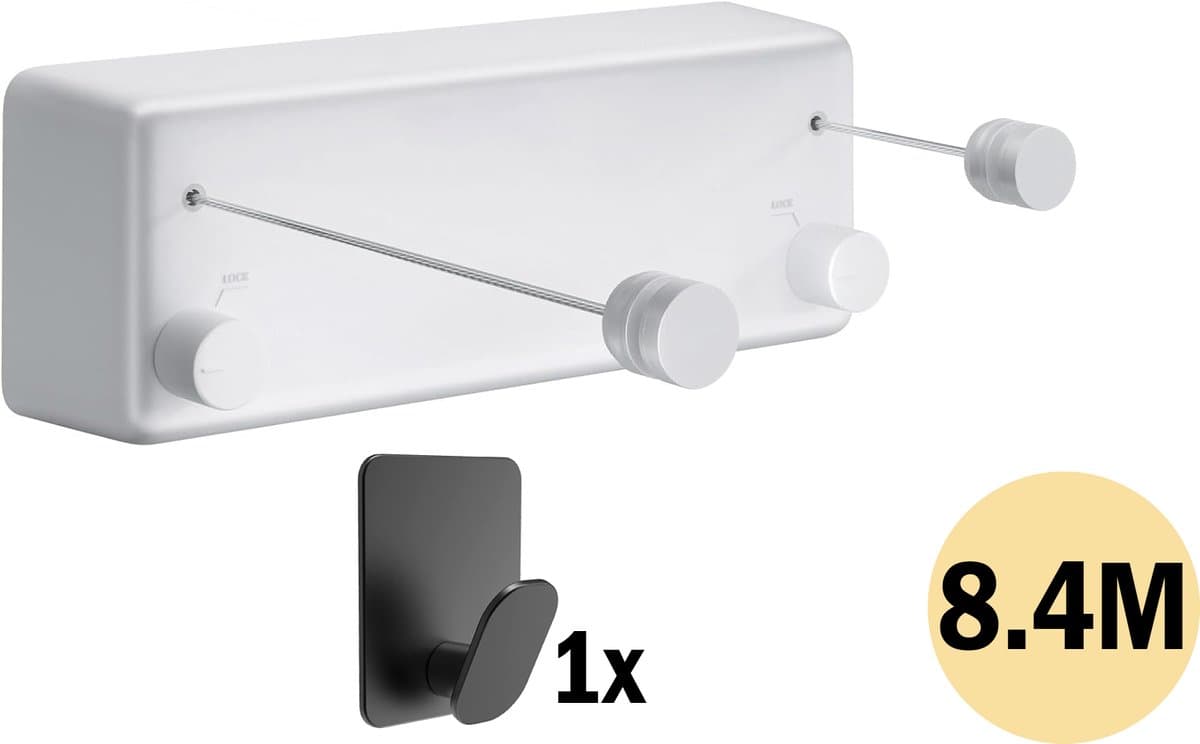 PLAY IT Waslijn Uittrekbaar 8.4 meter Wit - 2x 4.2 meter - Wanddroogrek - Wasrek — afbeelding 1
