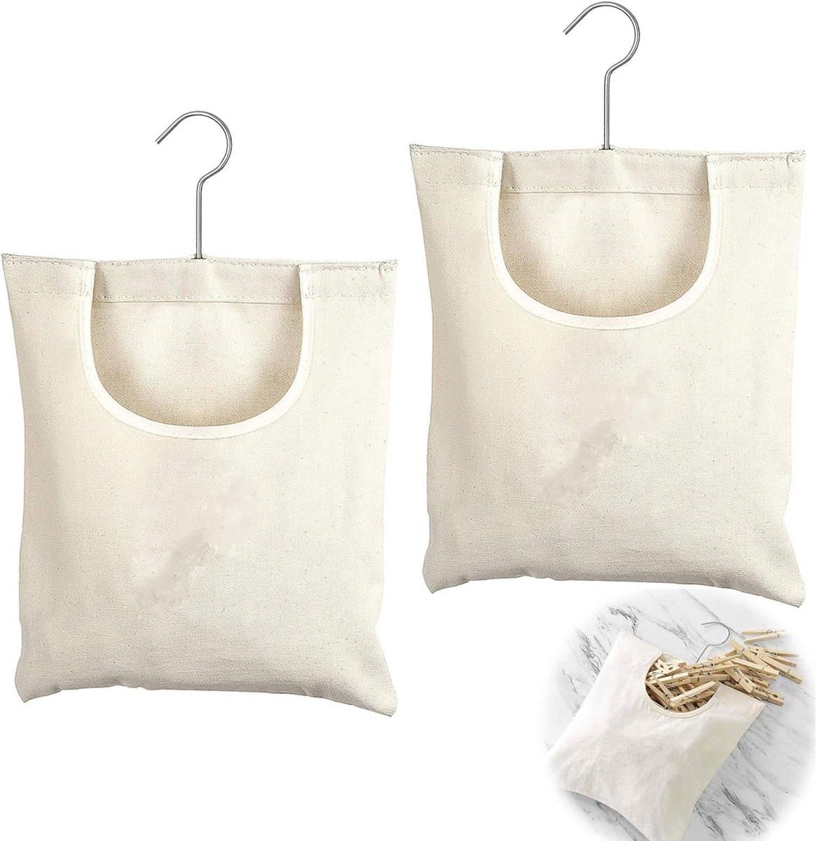 2 stuks wasknijperzakken, wasknijperzak, wasknijperzak met haken, 27 x 32 cm, tas van linnen, om op te hangen, herbruikbaar, organizer voor badkamer, garderobe (beige) — afbeelding 1