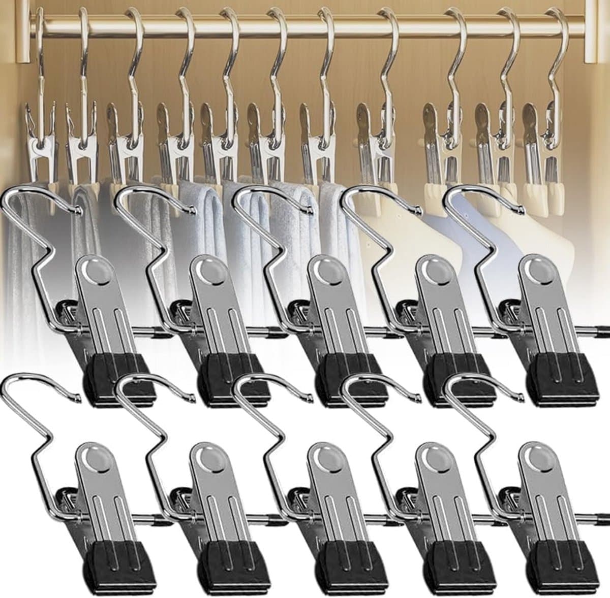 Ruimtebesparende wasknijpers met haak – roestvrij metaal voor kleding, hoeden en broeken – wasdroger en kast hangers in zwart — afbeelding 1