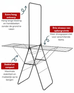 Groot Wasrek - Groot Droogrek Wasgoed - XL Wasrek Inklapbaar - Droogrek Inklapbaar - Met Drie Niveaus - 28m Drooglengte - XXL Stang voor Eenvoudig Drogen van Lakens, Dekbedovertrekken en Overhemden - Mat Zwart - Binnenstyle Aerio Wing — thumbnail 2