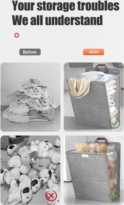 Wasmand - Opvouwbare Wasmand - Katoen en linnen - Met Deksel - Smalle - Afneembare zak - Reisgoederen - Opvouwbare Mand Vuile Was - Plooimand - Ophangbare - Voor wasruimte, slaapkamer - 48*36*12cm - Grijs — thumbnail 3