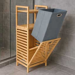 Fameilleur- luxe Bamboe Wasmand-met Kantelfunctie- 25 Liter – 95 cm Hoog – Ruimtebesparende Wasmand voor Badkamer – Met Opbergplateau - Stevig Bamboe – Lichtbruin houten bamboo-wasmand - - bamboe- was mand- groot- douche- kleding mand- kledingmand- — thumbnail 3
