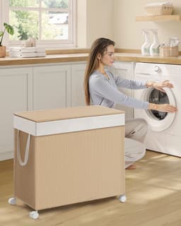 Wasmand - 140 L - 3 Compartimenten - Met Wielen - Naturel Beige - Mat Wit — thumbnail 2