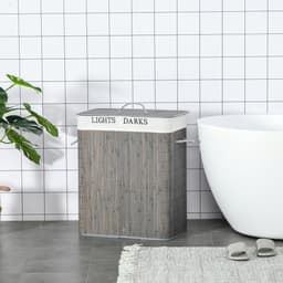 HOMCOM-Wäschekorb-Bambus, Metall-52L x 32B x 63H cm-Grau+Weiß — thumbnail 2