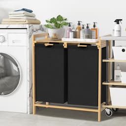 NAIZY Wasmand 2 compartimenten 36L wasbak wassorteerder met bamboe bovenplank en handgrepen wasbox waszak gemaakt van Oxford stof voor wasruimte badkamer, Zwart — thumbnail 3